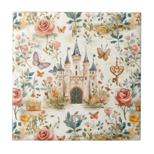Viintage Medieval Castle Floral Fantasy Butterfly Ceramic Tile
