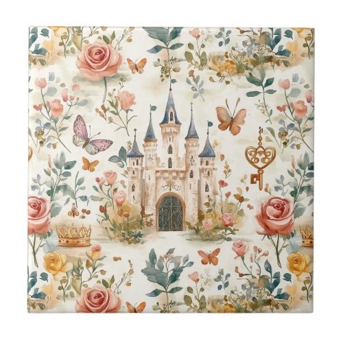 Viintage Medieval Castle Floral Fantasy Butterfly Ceramic Tile