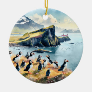 Vik Iceland Puffins Watercolor Ceramic Ornament