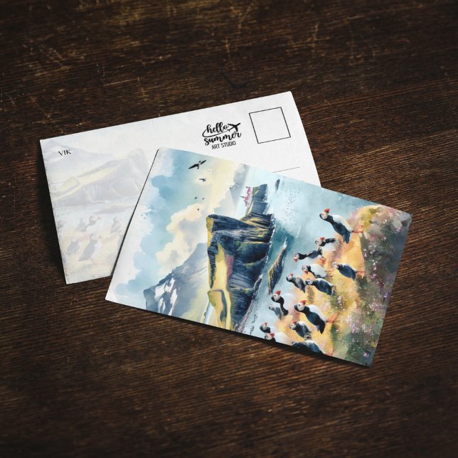 Vik Puffins Iceland Watercolor Postcard (Creator Uploaded)