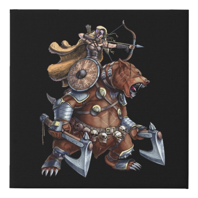 Viking Archer Riding War Bear Faux Canvas Print (Front)