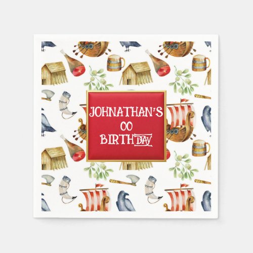 Viking Birthday Invitation Boys 1–7 Galleon red  Napkins