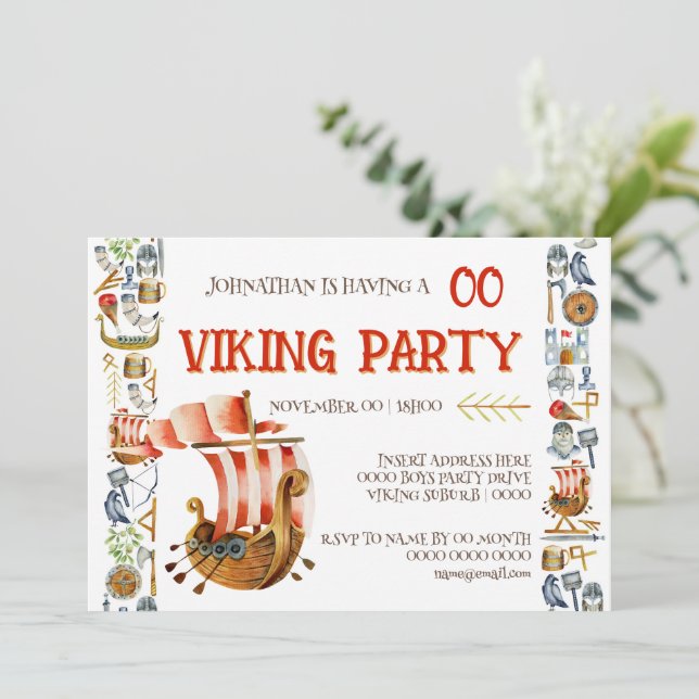 Viking Birthday Invitation Boys 1–7 Galleon ship (Standing Front)