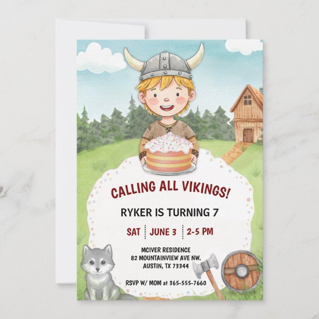 Viking Birthday Invitation for Boy, Watercolor (Front)