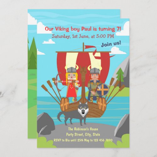 Viking boy and girl on viking ship birthday party invitation