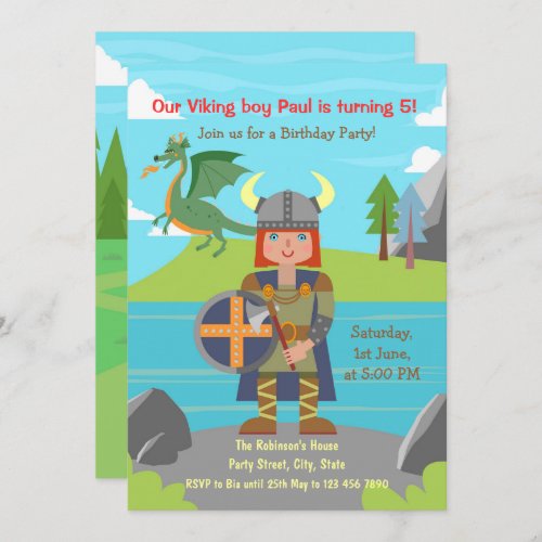 Viking Boy warrior and dragon Birthday Party  Invitation