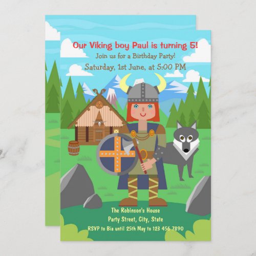 Viking Boy warrior and pet woolf Birthday Party  Invitation