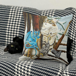 Viking Cat and Blue Dragon Fantasy  Throw Pillow