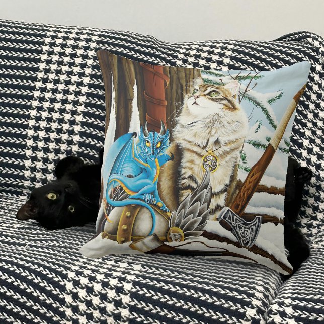 Viking Cat and Blue Dragon Fantasy  Throw Pillow (Creator Uploaded)