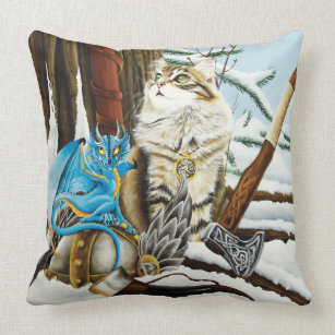 Viking Cat and Blue Dragon Throw Pillow