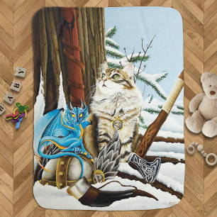 Viking Cat Blue Dragon Fantasy Baby Blanket