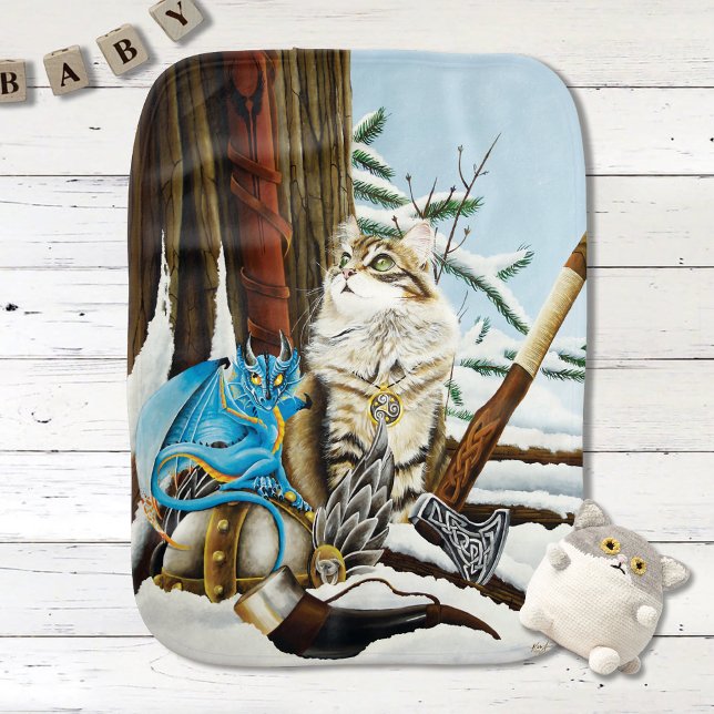 Viking Cat Blue Dragon Fantasy Baby Burp Cloth (Creator Uploaded)
