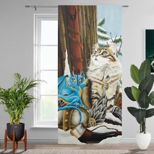 Viking Cat Blue Dragon Fantasy Blackout Curtains