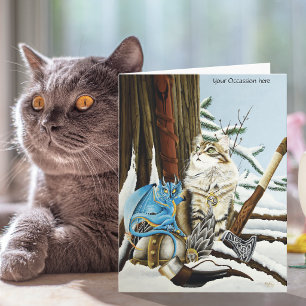 Viking Cat Blue Dragon Fantasy Card