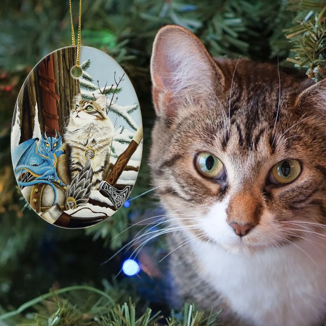 Viking Cat Blue Dragon Fantasy Ceramic Ornament (Creator Uploaded)
