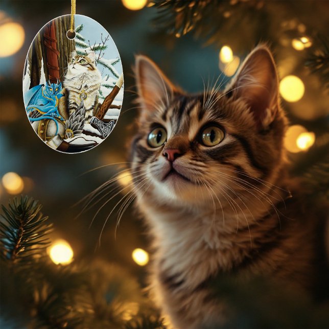 Viking Cat Blue Dragon Fantasy Ceramic Ornament (Creator Uploaded)