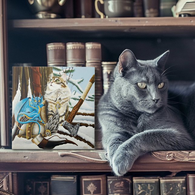 Viking Cat Blue Dragon Fantasy Ceramic Tile (Creator Uploaded)