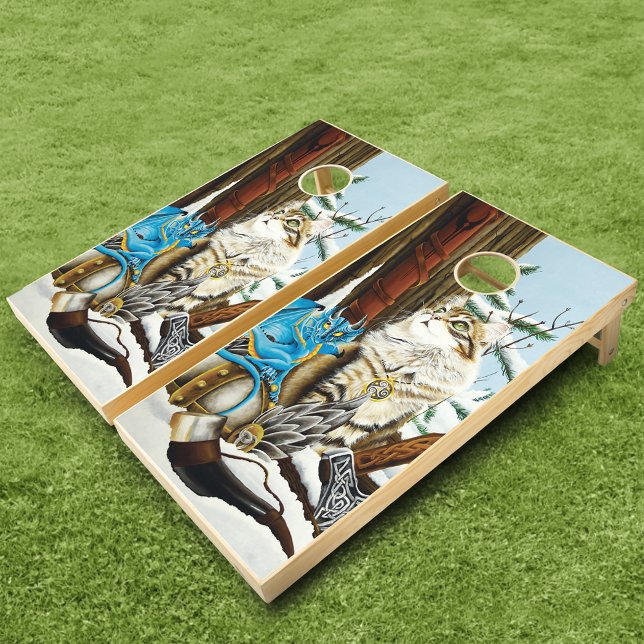 Viking Cat Blue Dragon Fantasy Cornhole Set (Creator Uploaded)
