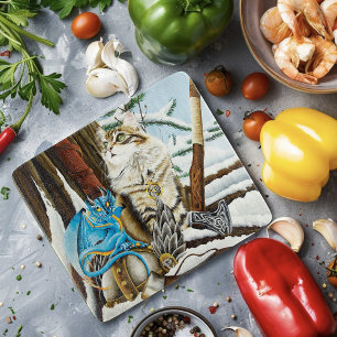 Viking Cat Blue Dragon Fantasy Cutting Board