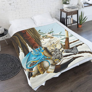 Viking Cat Blue Dragon Fantasy Fleece Blanket