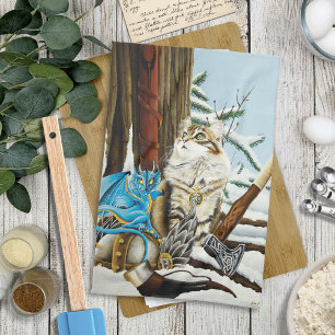 Viking Cat Blue Dragon Fantasy Kitchen Towel