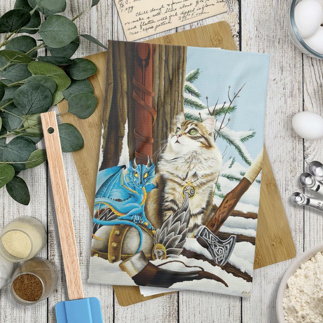 Viking Cat Blue Dragon Fantasy Kitchen Towel (Creator Uploaded)
