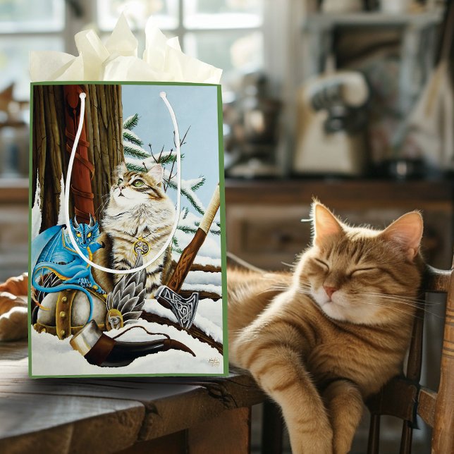 Viking Cat Blue Dragon Fantasy Medium Gift Bag (Creator Uploaded)