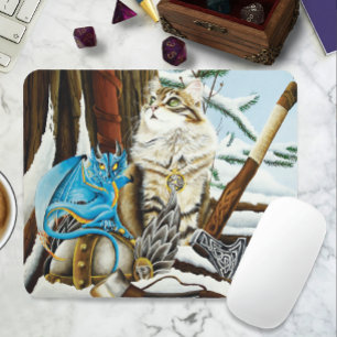 Viking Cat Blue Dragon Fantasy Mouse Pad