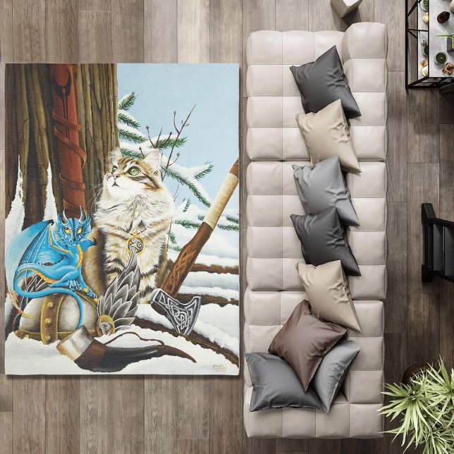Viking Cat Blue Dragon Fantasy  Rug (Creator Uploaded)