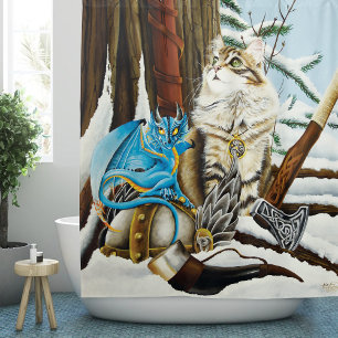 Viking Cat Blue Dragon Fantasy Shower Curtain