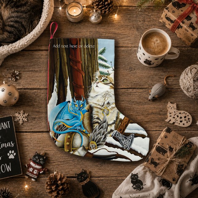 Viking Cat Blue Dragon Fantasy Small Christmas Stocking (Creator Uploaded)