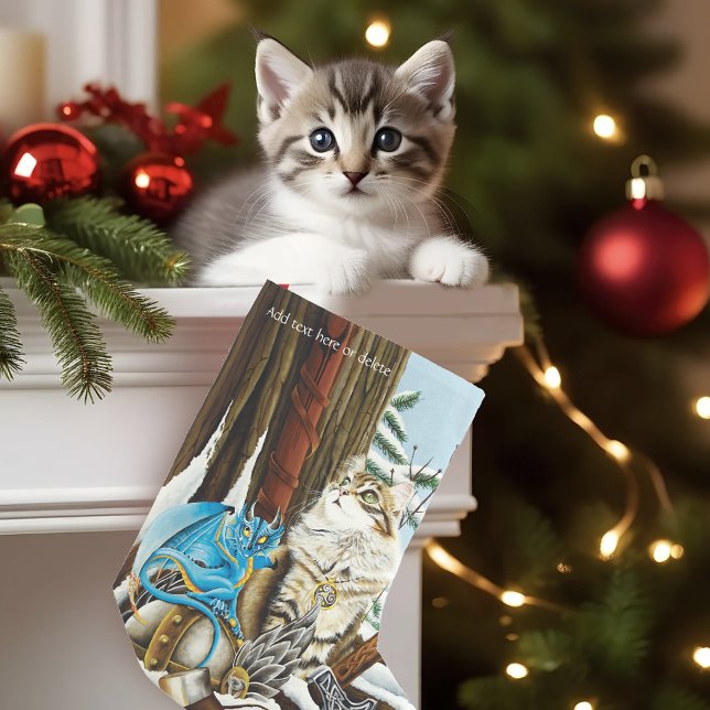 Viking Cat Blue Dragon Fantasy Small Christmas Stocking (Creator Uploaded)