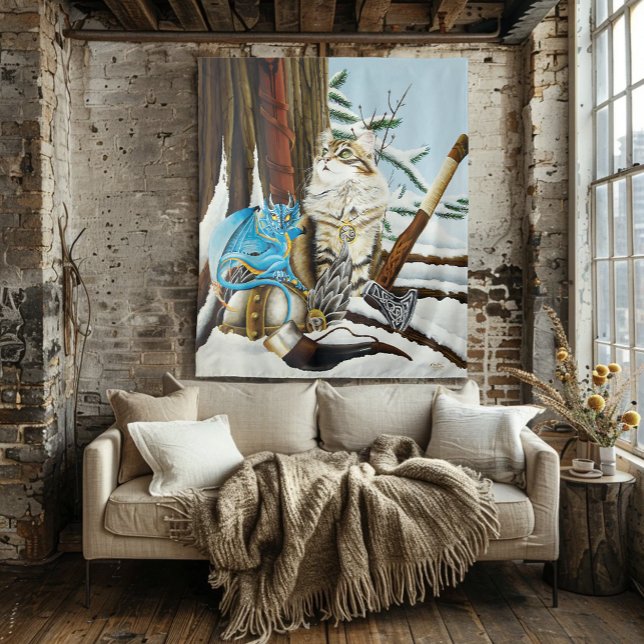 Viking Cat Blue Dragon Fantasy  Tapestry (Creator Uploaded)
