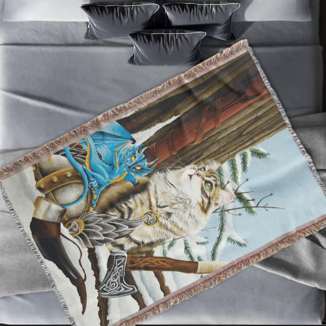 Viking Cat Blue Dragon Fantasy Throw Blanket (Creator Uploaded)