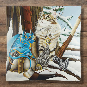 Viking Cat Blue Dragon Fantasy Trinket Tray