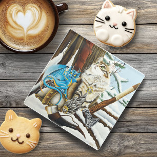 Viking Cat Blue Dragon Glass Coaster