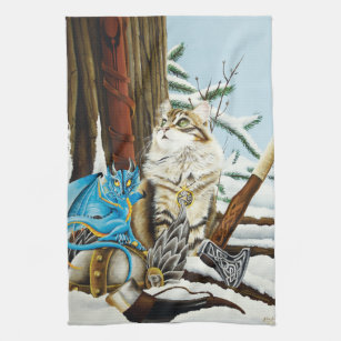 Viking Cat Blue Dragon Kitchen Towel