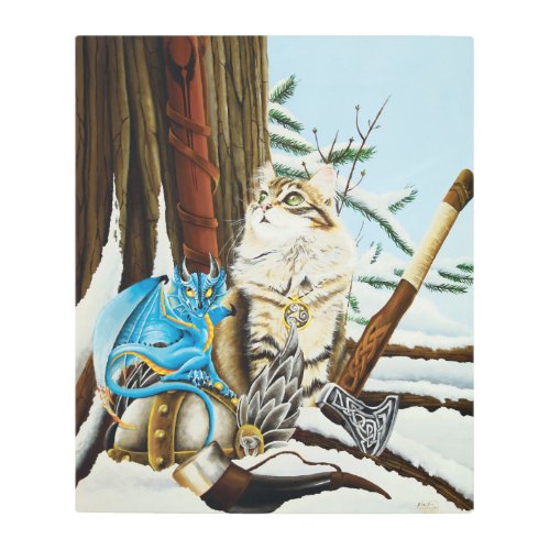 Viking Cat Blue Dragon Metal Print