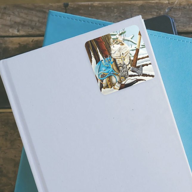 Viking Cat Blue Dragon Square Sticker (Creator Uploaded)