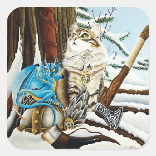 Viking Cat Blue Dragon Square Sticker