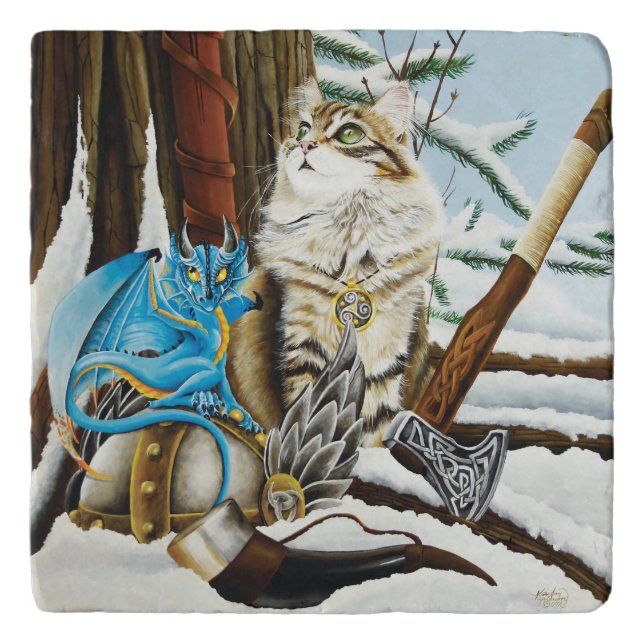 Viking Cat Blue Dragon Trivet (Front)