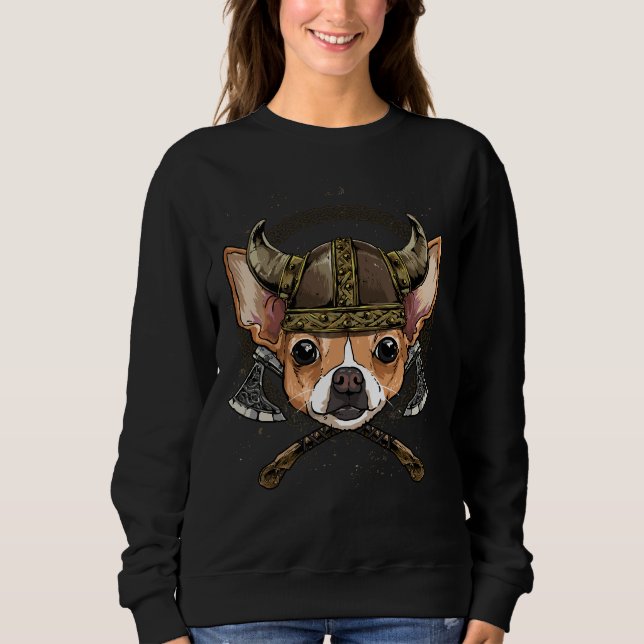 Viking Chihuahua Dog With Viking Helmet Mjolnir Ax Sweatshirt (Front)