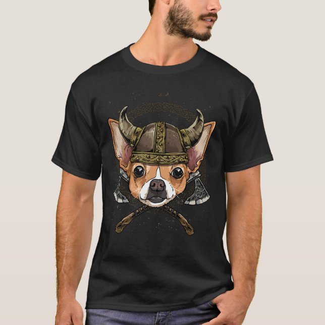 Viking Chihuahua Dog With Viking Helmet Mjolnir Ax T-Shirt (Front)