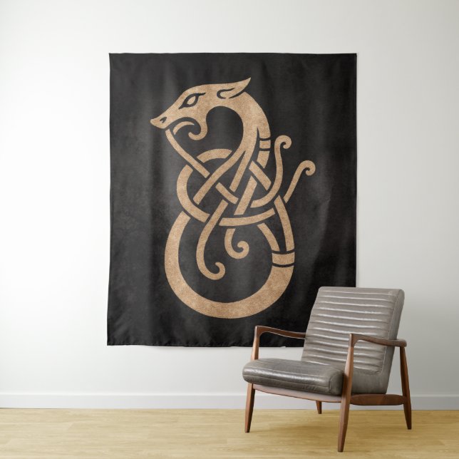 Viking Dragon Knot – Ancient Norse Symbol on Black Tapestry (In Situ)