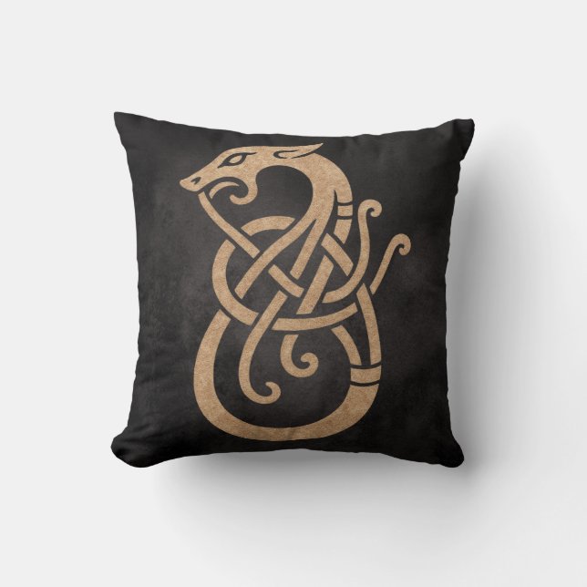 Viking Dragon Knot – Ancient Norse Symbol on Black Throw Pillow (Front)