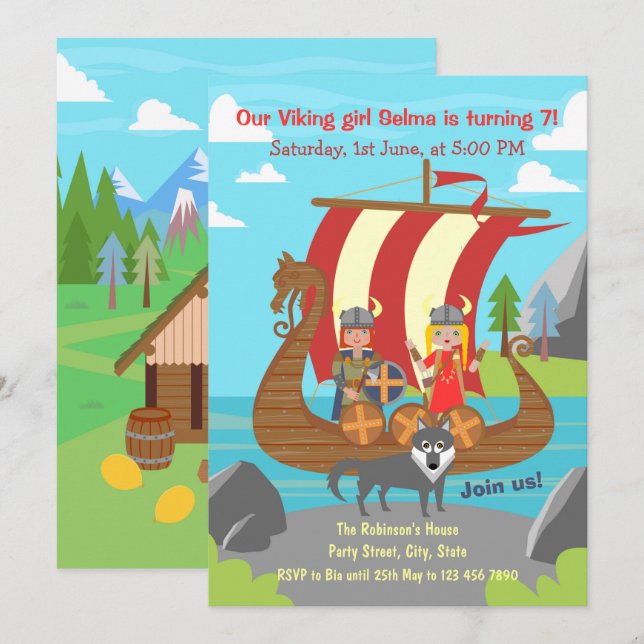 Viking girl and boy on viking ship birthday party  invitation (Front/Back)