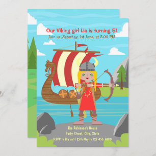 Viking Girl posing in front of Viking ship Party Invitation