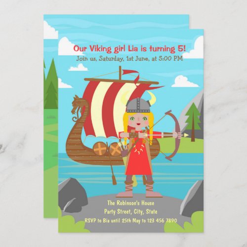 Viking Girl posing in front of Viking ship Party  Invitation