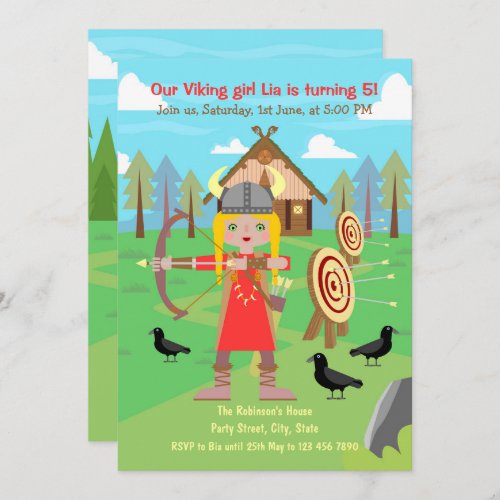 Viking Girl practicing arch and arrow Party  Invitation