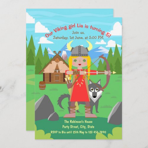 Viking Girl with bow and wolf pet Birthday Party  Invitation